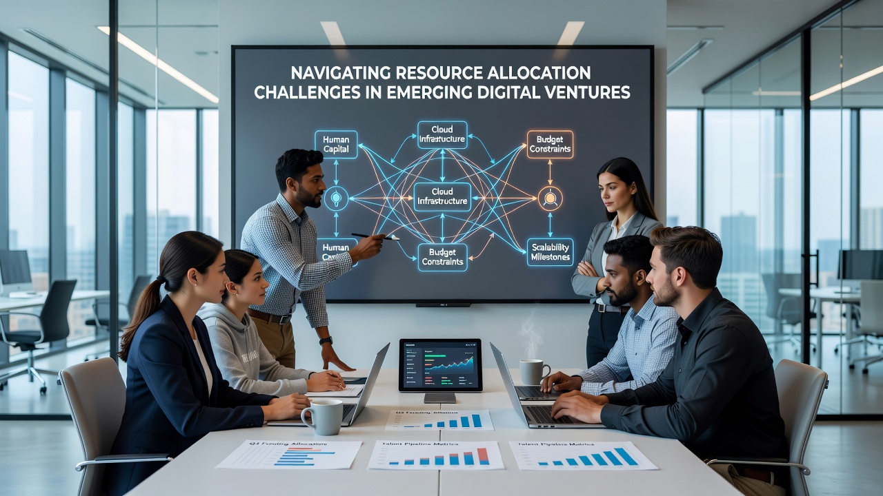 Entrepreneurs analyzing financial dashboards and allocation models during a strategy session